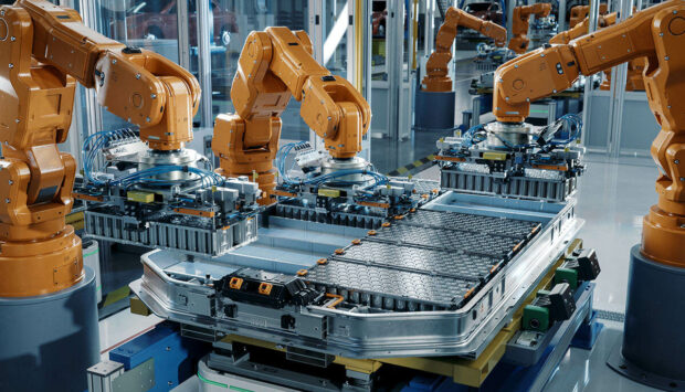 Orange industrial robotic arms assemble EV battery pack on automated production line